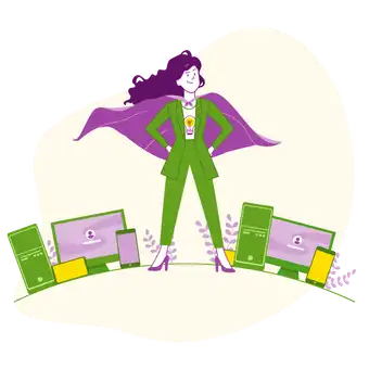 Illustration of a confident woman in a green suit and purple cape standing heroically among various tech devices, symbolizing empowerment and tech-savvy expertise.