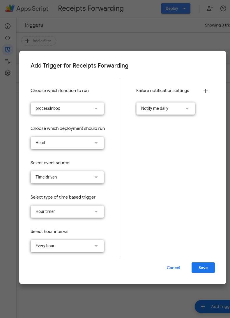 Trigger Settings Example. Function: processInbox, deployment: Head, event source: Time-driven, type of trigger: Hour timer, hour interval: Every hour.